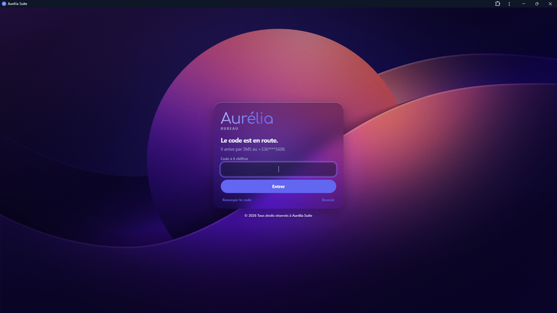 Vérification 2FA par SMS. Aurélia Suite