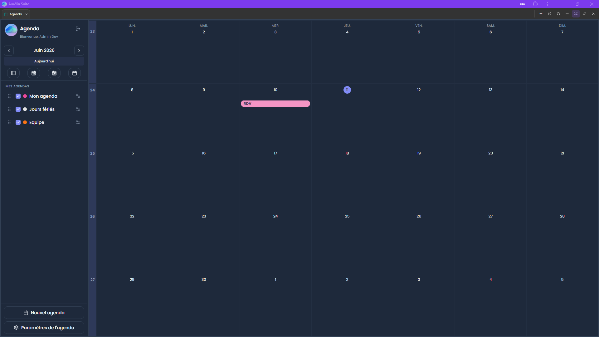 Agenda — vue mensuelle Aurélia Suite