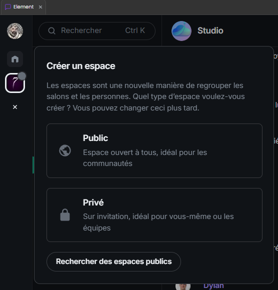 Chat — création d'espace Aurélia Suite