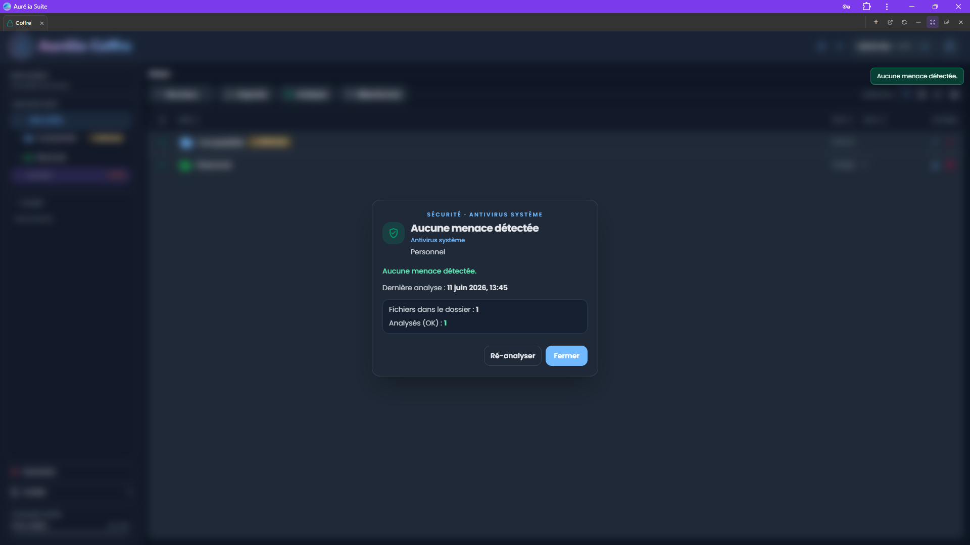 Coffre — analyse antivirus Aurélia Suite