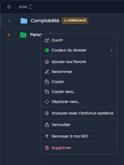 Coffre — menu actions dossier Aurélia Suite