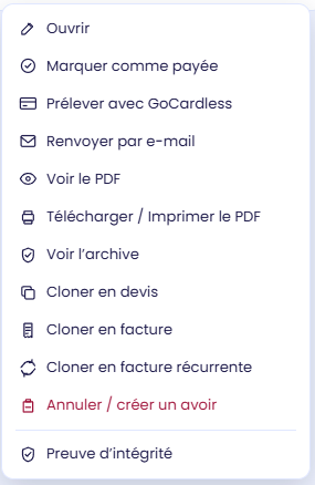 FacturX. actions sur une facture Aurélia Suite