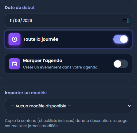 Mes tâches — lien agenda et modèles Aurélia Suite