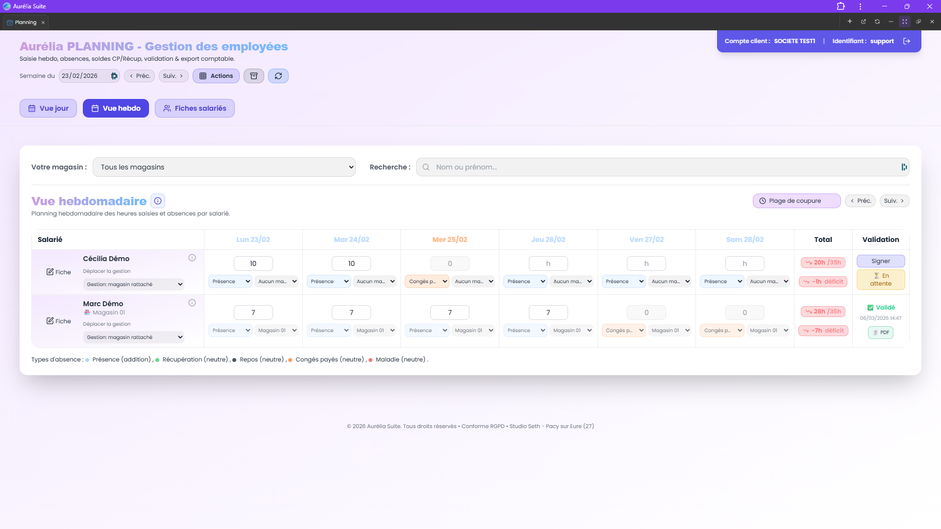 Planning — vue hebdomadaire Aurélia Suite