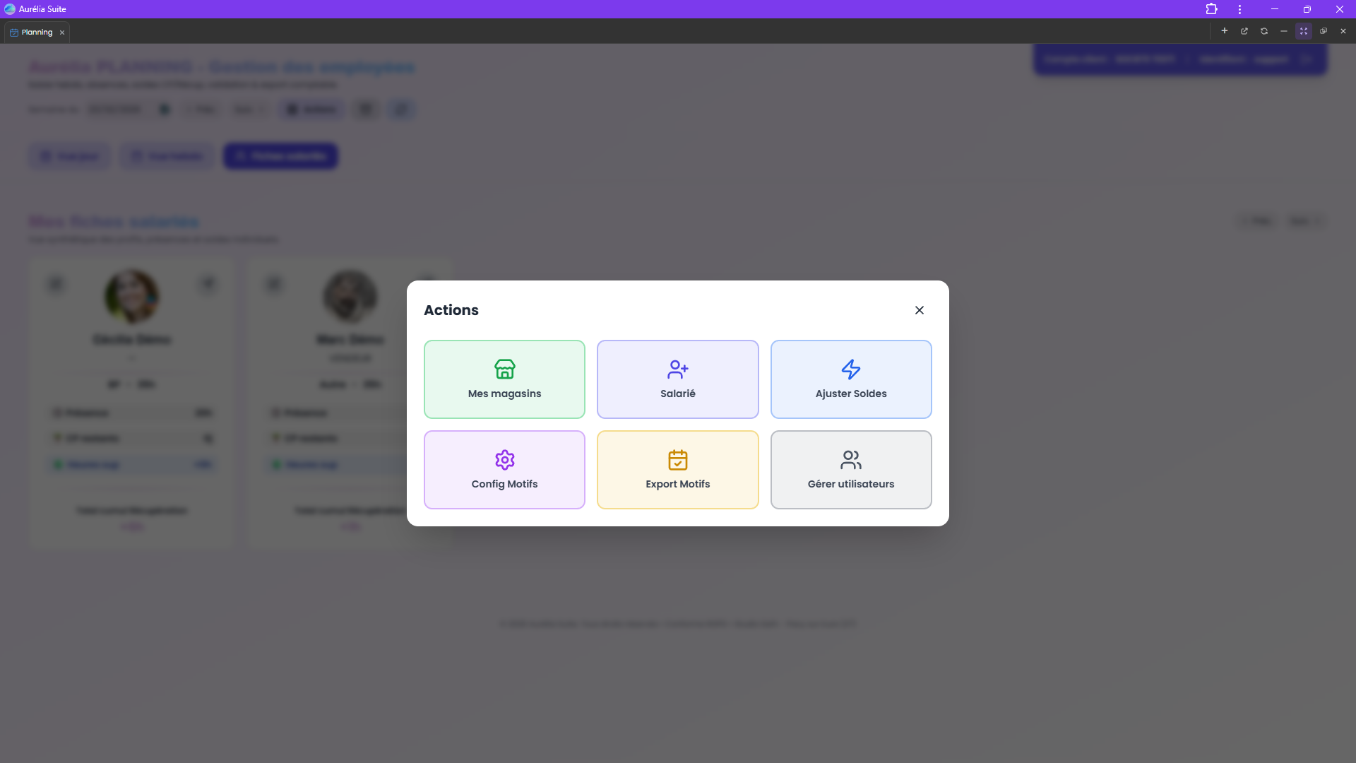 Planning — actions Aurélia Suite